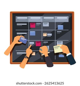 Mãos de empresários usando notas adesivas em um quadro kanban, planejando e programando tarefas