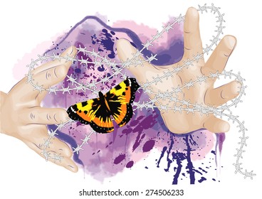 hands and butterfly with barbed wire 