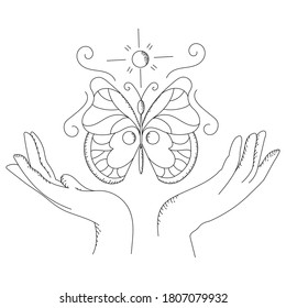 Hands with butterfly in doodle style. Vector illustration of magic  