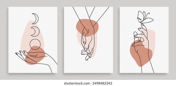 Hands with Butterfly and Moon One Line Drawing. Hands Prints Continuous Line Illustration. Abstract Drawing for Minimalist Covers, t-Shirt Print, Postcard, Banner etc. Vector EPS 10.