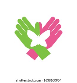 Hands with butterfly of zero discrimination day, flat style icon vector illustration design
