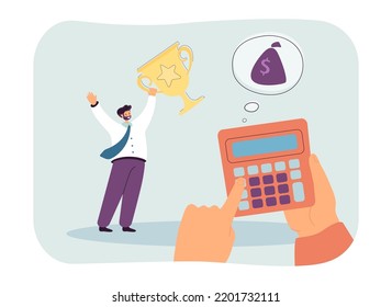 Hands with calculator calculating profit from employees success. Tiny happy man holding golden cup flat vector illustration. Money, income, fee concept for banner, website design or landing web page