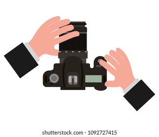 hands with camera photographic isolated icon