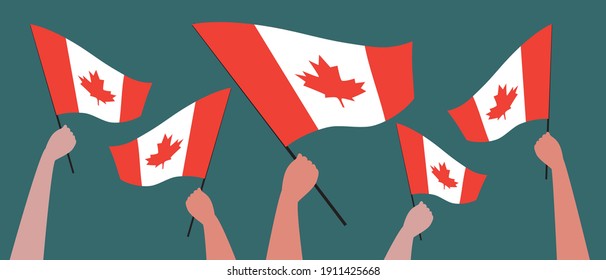 Hands with Canadians flag isolated. Flat vector stock illustration. The Canadian flag as a symbol of the state. Canadians people, flag in hands. Vector illustration, crowd of people