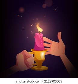 Hands with candle in metal candlestick with handle, cartoon vector illustration for book or computer game with human palms covering burning fire with sparkles from wind in dark room, first person view