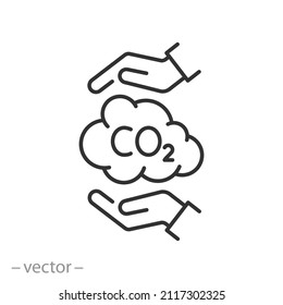 hands capture co2 cloud, icon, reduce carbon emission, protect environment, thin line symbol on white background - editable stroke vector illustration