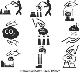 Hands capture co2 cloud icon set, capture co2 gas icon set black vector