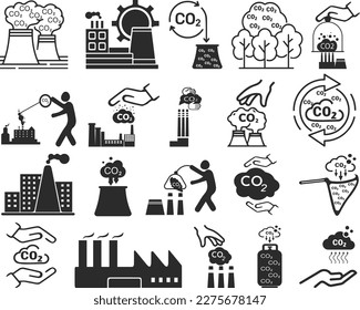 Hands capture co2 cloud icon set, 20 gas capture icon set black vector