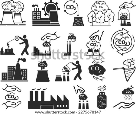 Hands capture co2 cloud icon set, 20 gas capture icon set black vector