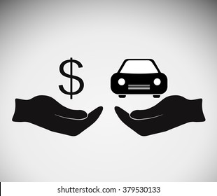 Hands with car and icon dollars. Exchanging concept. Flat design style. Vector illustration.