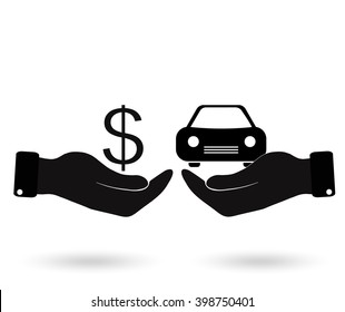 Hands with car and icon dollars. Exchanging concept. Flat design style. Vector illustration.
