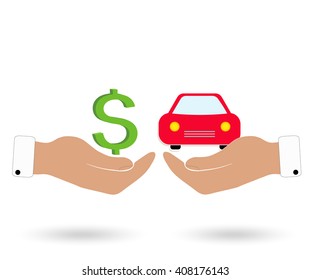 Hands with car and icon dollars. Exchanging concept. Flat design style. Vector illustration.