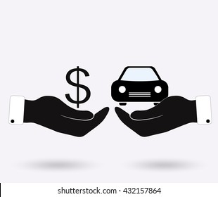Hands with car and icon dollars. Exchanging concept. Flat design style. Vector illustration.