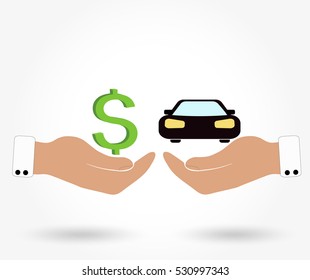 Hands with car and icon dollars. Exchanging concept. Flat design style. Vector illustration.