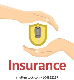 Hands with a car key in yellow insurance shield. Flat vector illustration.