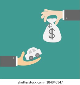 Hands with car and money bag. Exchanging concept. Flat design style. Vector illustration.