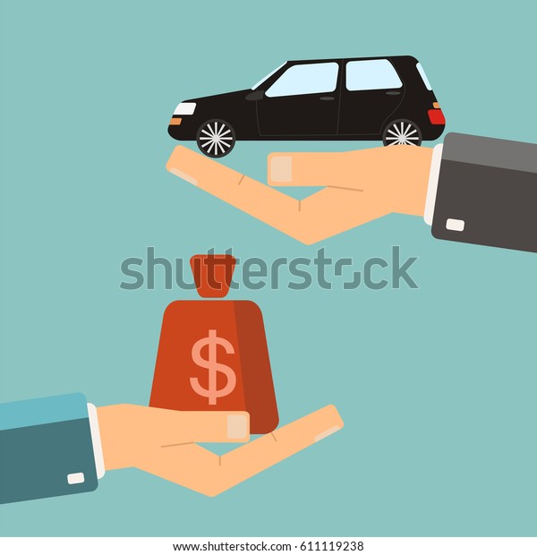 Hands with car and money bag. Exchanging concept.\
Buying or rent car.\
Vector