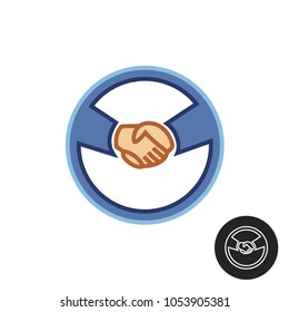 Hands with car steering wheel. Car deal handshake logo. Automotive trade driving wheel sign.