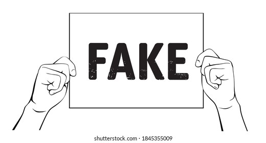 Hands with card and text FAKE. Vector Illustration.