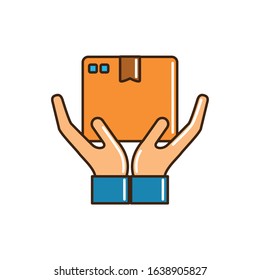 hands with cardboard box cargo delivery vector illustration line and fill