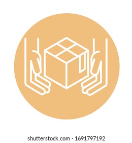 hands with cardboard box cargo related delivery vector illustration block style icon