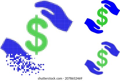 Hands care dollar pictogram with dust effect. Disintegration effect involves round particles. Hands care dollar in dispersed, dotted halftone and base entire vector variants.