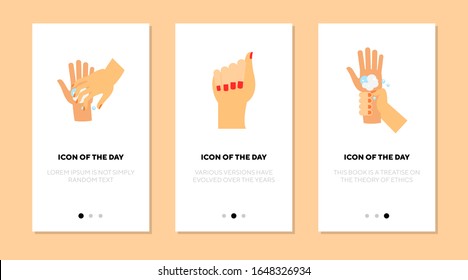 Hands Pflege flach Symbol Set. Finger, Reinigen, Seife einzeln Vektorillustration Schild Packung. Hygiene- und Beauty-Konzept. Symbolelemente für Vektorillustration für Webdesign und Apps