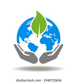 Hands care and hold blue earth planet with green leaf vector icon. ESG conceptual symbol as environmental and social governance.