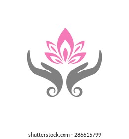 Hands care lotus. Hands holding a Lotus flower vector icon.