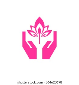 Hands care lotus. Hands holding a Lotus flower vector icon.