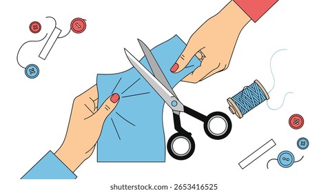Hands carefully cutting blue fabric with scissors surrounded by sewing supplies like thread and buttons for crafting projects