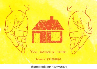  hands carefully harbor toy house.background painted with watercolors.purchase, sale or property insurance.metaphor.blank for business card