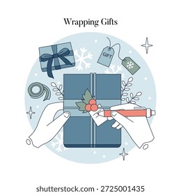 Manos cuidadosamente envolviendo una caja de regalo con cinta y etiquetas de decoración en esta Ilustración vectorial. Ideal para temas festivos y festivos, destacando la alegría de dar regalos.