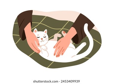 Hands caressing cute cat. Woman stroking kitten, home animal. Female touching adorable kitty, lying, relaxing, enjoying. Pet owners love and care. Flat vector illustration isolated on white background