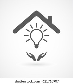 hands caring lightbulb under roof icon
