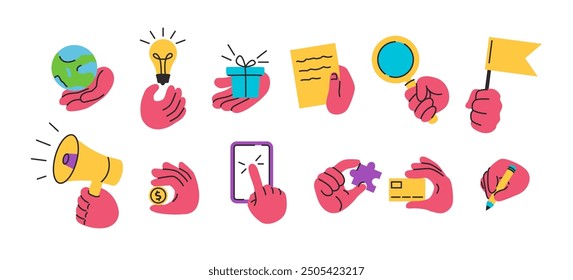 Hands carried icons. Doodle hand holding globe, idea lamp, gift box, note paper, magnifying glass, achievement flag, megaphone, golden coin, puzzle, banking card, pencil and smartphone vector set.