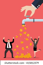 Hands are carrying coins falling out of the water tap. Business income concept