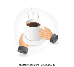 Hands carrying a cup of coffee in isometric flat illustration