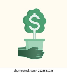 Hands carrying dollar tree pot. Financial care and investment concept. Vector illustration outline flat design style.