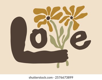 Hands carrying flowers forming the word love. Vector illustration of falling in love