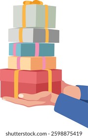 Hands carrying a pile of colorful gifts