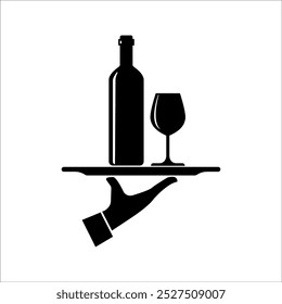 Hands carrying a tray of grapes and wine glasses. Serving drink icon design isolated on black and white background.