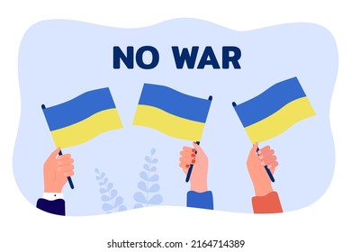 Hands of cartoon people holding Ukrainian flags. Persons with national symbol supporting Ukraine flat vector illustration. Support, conflict, protest concept for banner, website design or landing page