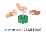 Hands casting paper ballots into vote box during election. Voters with democratic choice, electing candidates. Political campaign, poll concept. Flat vector illustration isolated on white background