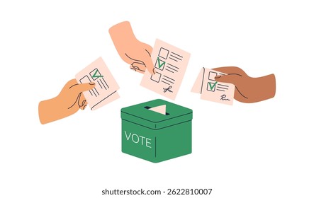 Mãos lançando cédulas de papel na caixa de votação durante a eleição. Eleitores com escolha democrática, elegendo candidatos. Campanha política, conceito de pesquisa. Ilustração de vetor plano isolada no plano de fundo branco