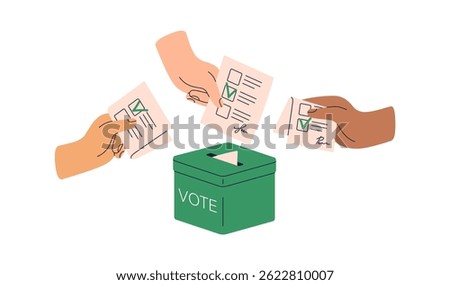Hands casting paper ballots into vote box during election. Voters with democratic choice, electing candidates. Political campaign, poll concept. Flat vector illustration isolated on white background