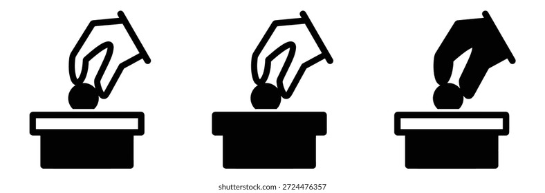 Mãos lançando votos na urna, Ícone da Caixa de Voto da Eleição. Ícone de urna de votação, Ilustração de vetor, Ícone de urna de votação manual. Conceito de votação eleitoral. Design de linha simples. Voto para a eleição do logotipo. 