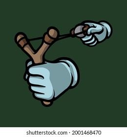 Manos con el concepto de catapulta. Arma tradicional. Objeto vectorial de palo y piedra. Ilustración aislada sobre fondo verde