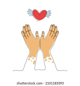 Hands catch heart with wings, love. Abstract one line drawing isolated on white background. Beautiful hand-drawn design vector illustration for posters, wall art, tote bag, mobile case, t-shirt