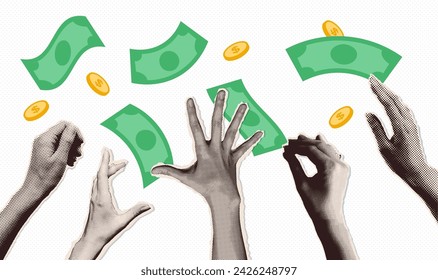 Hands catching money falling from the sky, coins, bills. Retro halftone collage in vintage style. Saving, saving, collecting money. Banner on financial topics. Vector illustration.